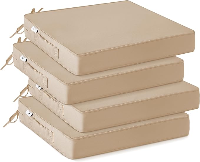 IPYNBAP Outdoor Chair Cushions Set of 4 -Waterproof Outdoor Seat Cushions for Patio Furniture, Patio Chair Cushion with Handle and Ties, Out Door Chair Pads,18.5x16x3-Square, Beige