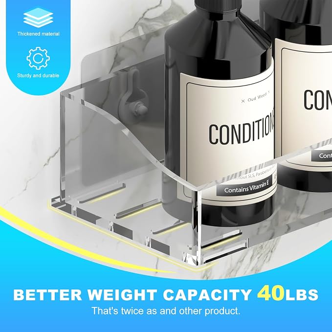 Acrylic Shower Shelves 3 Pack, Clear Adhesive Shower Caddy Organizer, Rustproof No Drill Wall Mount Bathroom & Kitchen Storage Rack