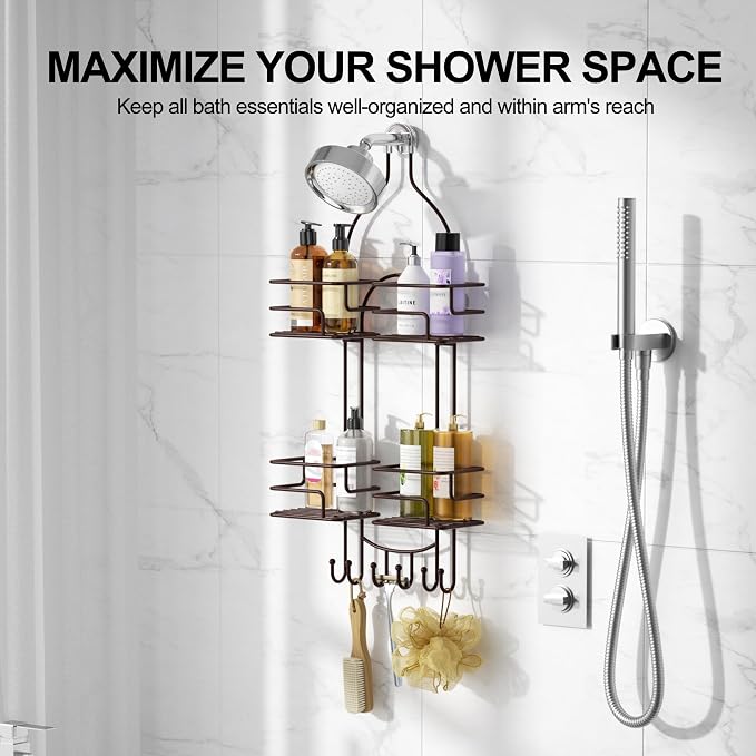 SRIWATANA Shower Caddy Organizer Hanging Over Head, Bathroom Shower Rack Hanger with Hooks for Razors - Bronze