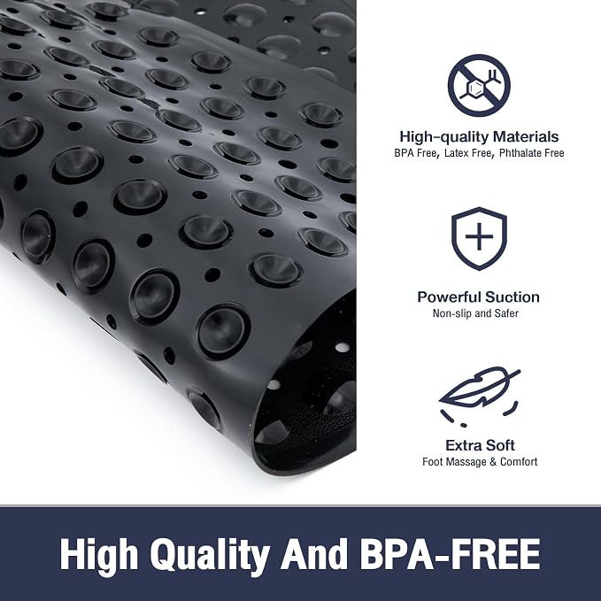 Black Square Shower Bathtub Mat Non Slip 21x21 Inch, Soft Bath Mat for Inside Shower Tub, Shower Stall Mats for Bathroom Floor, Big Suction Cups Drain Holes, Easy Washable and Dry, BPA-Free