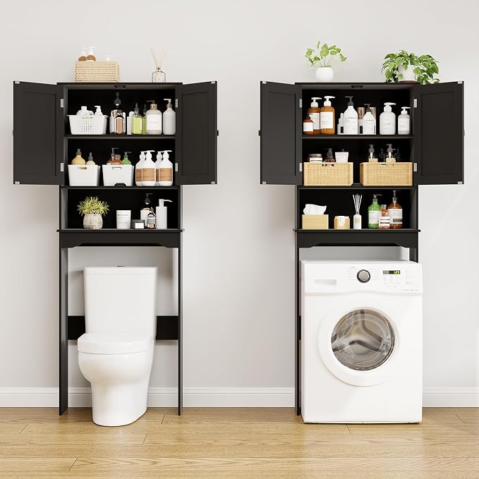 RRX Bathroom Over The Toilet Storage Cabinet, Above Toilet Cabinets Organizer, 24.8" L x 9.1 "W x 65.7 "H Free Standing Toilet Rack with Adjustable Shelf and Open Storage(Black)
