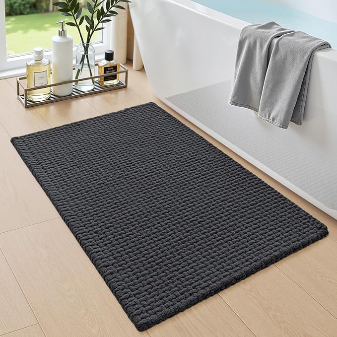 DEXI Bathroom Rugs 24x16, Non Slip Washable Bath Mat, Absorbent Chenille Bathmat, Ultra Soft Thick Carpet for Tub Shower Floor, Dark Grey