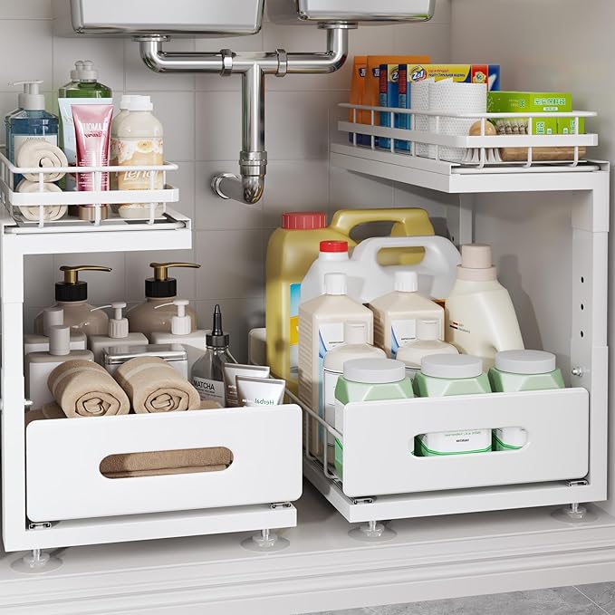 Under Sink Organizer Upgrade To Professional Rails,2-Tier Dual Pull Out Cabinet Storage,Height Adjustable Slide Out Drawers For Bathroom Kitchen,2 Pack-14.5" Dx12.8-16.9" H,White