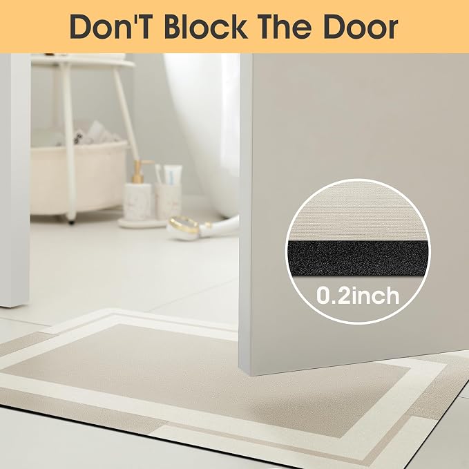 ACCUMTEK Non Slip Bath Mat, Thin Bathroom Rugs Fit Under Door, Quick Dry Bath Mats, Machine Washable Bath Rugs for Bathroom, Bathtub & Kitchen, Bathtub, Light Beige/Bordered/32 x20