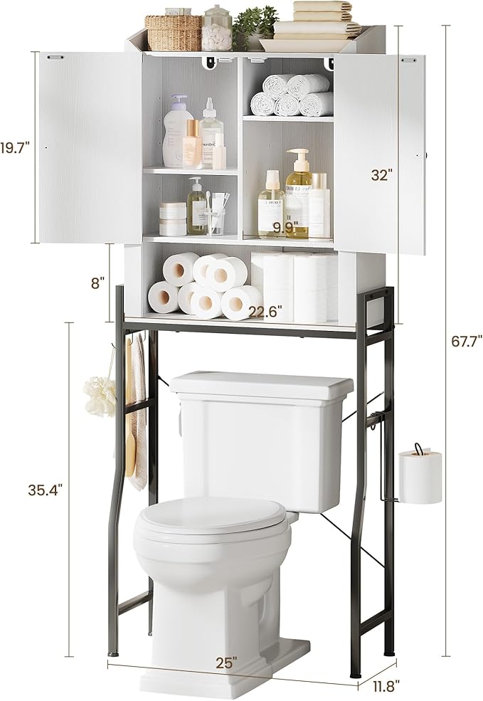 Memobarco Over The Toilet Storage Cabinet, Over Toilet Organizer with 2-Door & Metal Stand, Bathroom Organizers and Storage with Adjustable Shelves for Bathroom, Restroom, Laundry, White