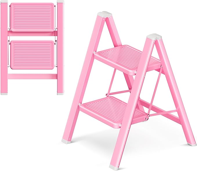 Pink 2 Step Ladder, Small Kitchen Step Stool for Adults, Widen 7.9Inch Pedal for Comfortable Use, Sturdy and Cute Step Ladder with Anti-Slip Foot, More Friendly to Women, 330Lbs Load