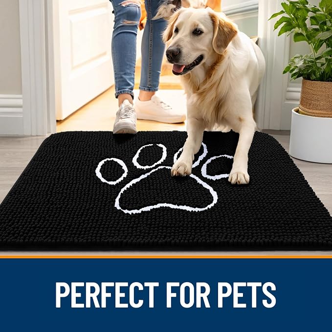 OLANLY Dog Door Mat for Muddy Paws 44x32, Paw Print Design, Absorbs Moisture and Dirt, Absorbent Non-Slip Washable Doormat, Quick Dry Chenille Mud Mat for Dogs, Entry Indoor Entryway Carpet, Black