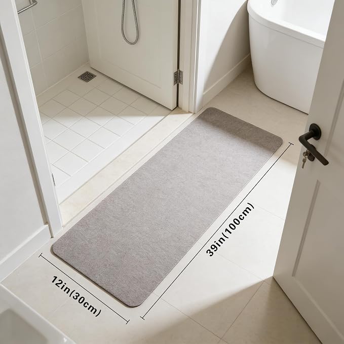Bath Mat for Narrow Spaces, Super Absorbent Doorway Floor Mat, Non-Slip Threshold Rugs Fit for Under Door, Cuttable Ultra Thin Bath Mat (Light Grey, 1' x 3'3" (Rectangular with Round Corner))