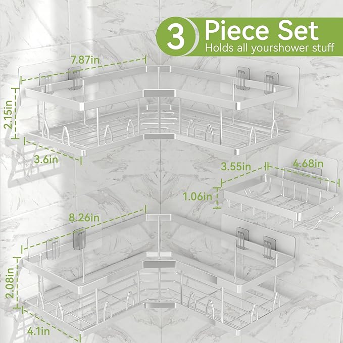 Shower Shelf Corner, Adhesive Shower Caddy Rustproof, Shower Shelves Corner with Soap Holder, No Drilling Shower Corner Organizer for Dorm, Renters Bathroom, Silver, 3 Pack