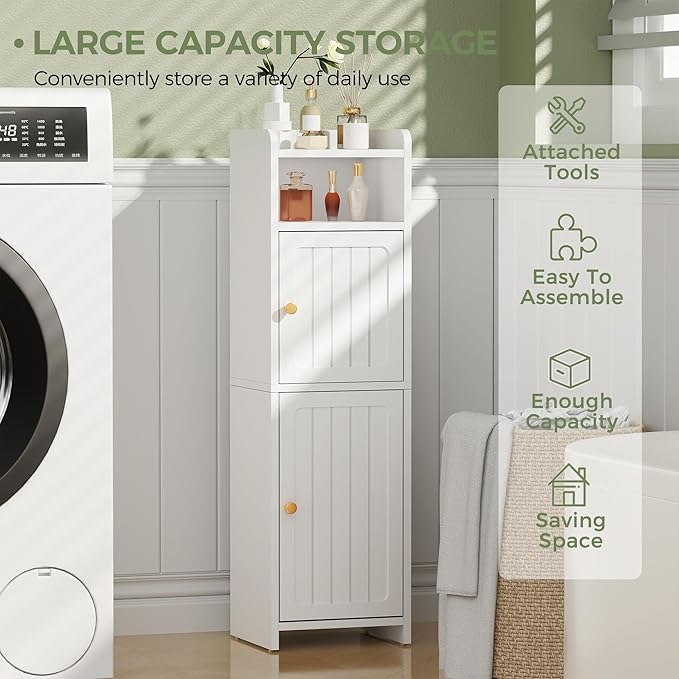 BEWISHOME Small Bathroom Cabinet, Bathroom Storage Cabinet with Adjustable Shelves & 2 Doors, Narrow Toilet Paper Cabinets, 7.9" D x 9.8" W x 31.5" H, for Small Spaces, White YYG13W