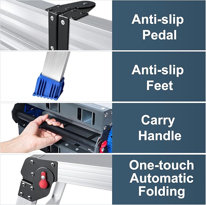 Foldable Aluminum Work Platform, 12.7 lb, Easy-Installation, Capacity of 500 lbs, Non-Slip, Step Stool for Adults with Adjustable Height, Heavy Duty & Portable Step Ladder