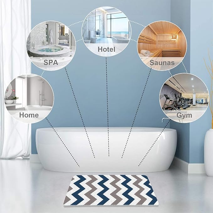 godehone Shower Mats Non Slip Without Suction Cups, PVC Loofah Bathroom Mats, Loofah Mats for Shower and Bathroom, Quick Drying, 23.6× 34.6 Inch, Blue Geometric