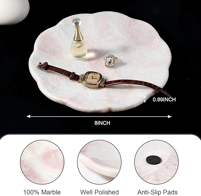 Koville Marble Tray, 8" Round Marble Vanity Tray for Jewelry Trinket Perfume, Natural Stone Tray for Bathroom Kitchen Dresser Countertop, Scalloped Decorative Tray for Home Table Decor(Namibia Rose)