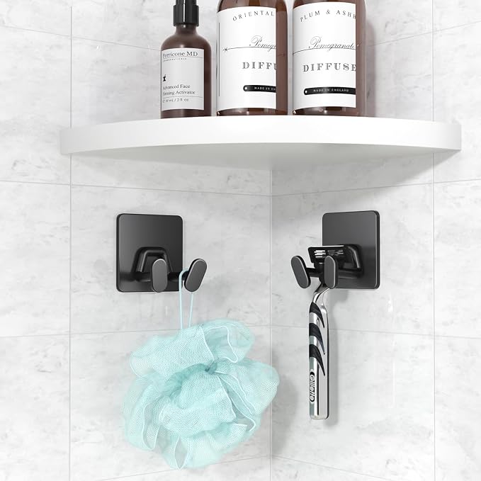 Adhesive Shower Hooks for Inside - Extra Sticky Stainless, Razor Holder Shower Accessories, Wall Mounted Self-Adhesive Double Hooks for Razor, Loofah, Towel, Shaver, Coat, Key, Matt Black, 6 Pack