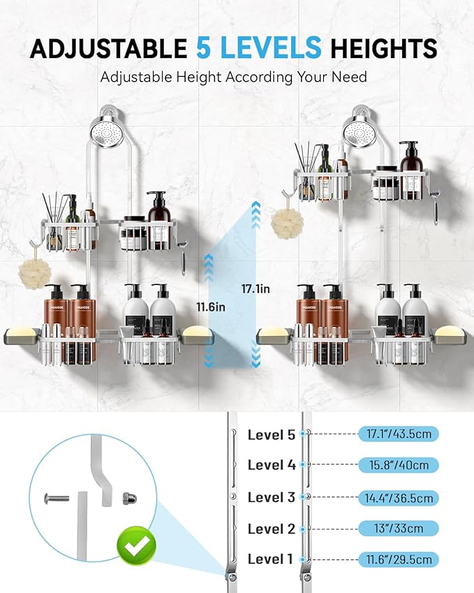 Adjustable Shower Caddy Hanging - Never Rust Shower Organizer Hanging, Aluminum Shower Racks for Inside Shower - Bathroom Organizers and Storage with 2 Soap Holders and 2 Removable Hooks, Silver