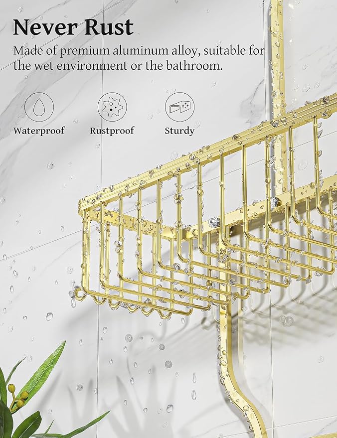 YASONIC Never Rust Shower Caddy Hanging, Aluminum Shower Racks for Inside Shower, 3-Tier Shower Organizer Hanging Over Shower Head with Hooks and Soap Holder, Gold