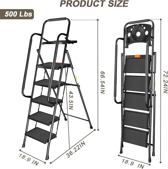 Valeo 5 Step Ladder with Handrails,500 Lbs Capacity,Folding Step Stool Ladder with Tool Platform,Wide Anti-Slip Pedal,Step Ladder 5 Step Folding,Multi-use for Home,Kitchen,Office,Black