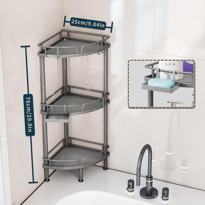 Consumest Corner Shower Caddy Stand - 3 Tier Shower Organizer with Soap Holder, Tall Floor Corner Shelf Standing with Adjustable Feet & 4 Hooks, Storage Rack for Bathroom Grey