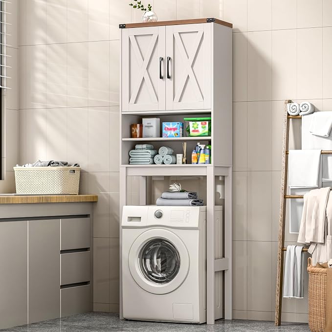 Vabches Over The Toilet Storage Cabinet, Bathroom Organizer with 2 Barn Doors, Farmhouse Space-Saving Toilet Rack with Adjustable Shelf,for Bathroom, Toilet, Laundry Room