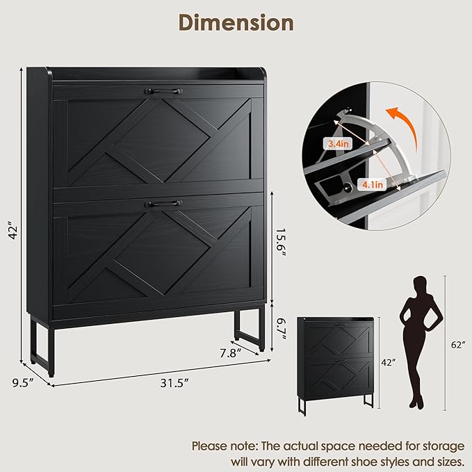 Nicetree Shoe Storage Cabinet with 2 Flip Drawers, Freestanding Shoe Organizer, Shoe Cabinet with Metal Legs, Narrow Shoe Rack Cabinet, Farmhouse Slim Shoe Cabinet for Entryway, Foyer, Hallway, Black