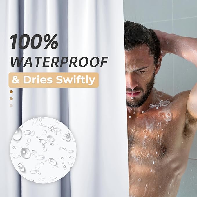 AmazerBath Plastic Shower Curtain, 72 x 65 Inches PEVA Heavy Duty White Shower Curtain, Waterproof Heavy Weight Thick Bathroom Curtain with 3 Big Clear Weighted Stones and 12 Rustproof Grommets