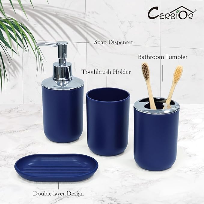 CERBIOR Bathroom Accessories Set 6 Piece Bath Ensemble Includes Soap Dispenser, Toothbrush Holder, Toothbrush Cup, Soap Dish for Decorative Countertop and Housewarming Gift (Royal blue-6pcs)