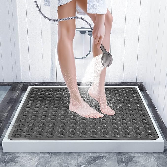 Yimobra Shower Mat 21X21 Inch Square, Non Slip Bathtub Mat with Large Suction Cups&Drain Holes, Soft Fast Dry Shower Stall Mats for Inside Shower, Machine Washable BPA-Free, Bath Essentials, Black