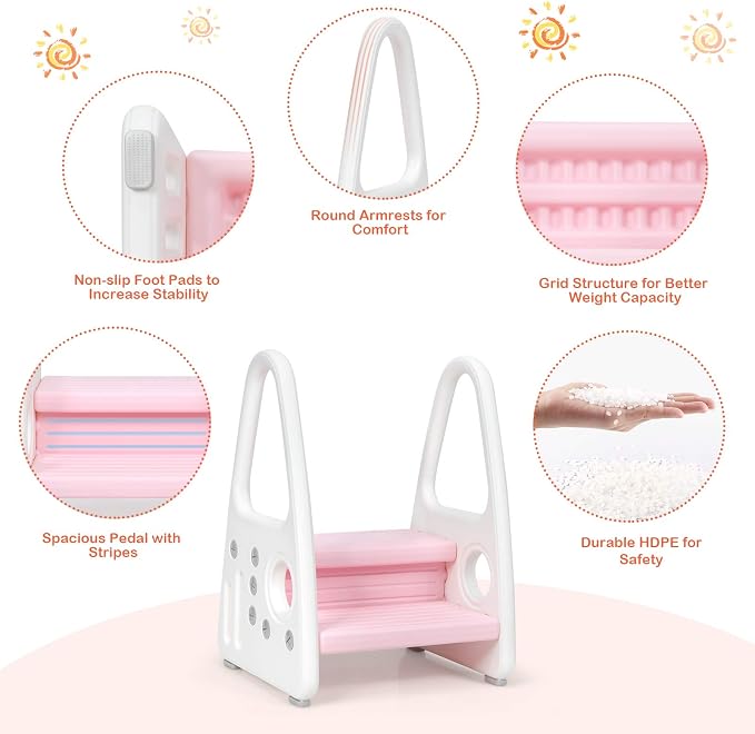 Costzon Kids Step Stool, Toddler Step Ladder for Toilet Potty Training, Kitchen Counter, Bathroom, Two Step Tower w/Non-Slip Design, Safety Handles, 110 Lbs Weight Capacity (Pink)