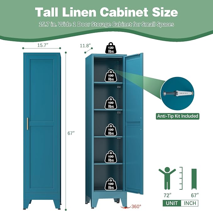 Tall Narrow Kitchen Pantry Cabinet for Small Space, 67" Metal Slim Pantry with Single Door and 4 Adjustable Shelves, Freestanding Skinny Storage Metal Broom Closet for Bathroom, Living Room, Laundry