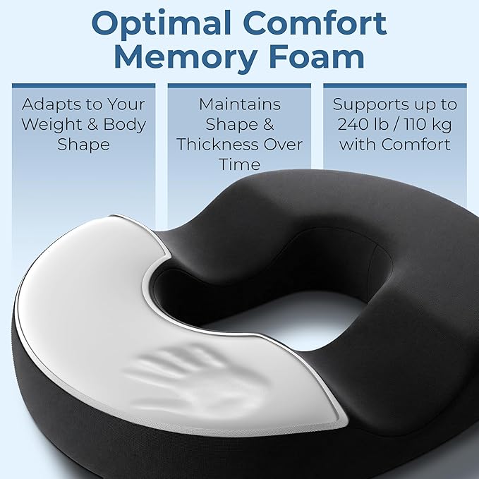 5 STARS UNITED Donut Pillow for Tailbone Pain & Hemorrhoids – Large Memory Foam Seat Cushion for Bed Sore-Prone Areas & Pressure Relief – Prostate, Postpartum & Pregnancy Support, Premium Black Suede