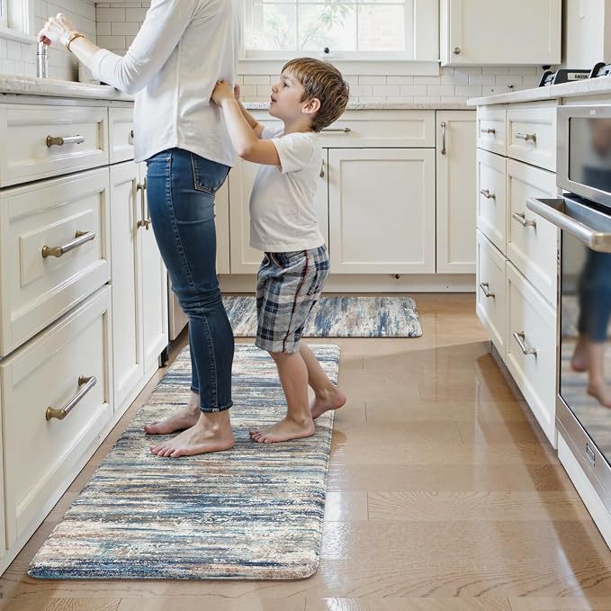 KIMODE Kitchen Mats for Floor Anti Fatigue, 17"x47"+17"x29" Farmhouse Kitchen Rugs Sets of 2, Padded Kitchen Floor Mats, Comfort Standing Mats for Sink Laundry Office Desk Dark Blue Grey