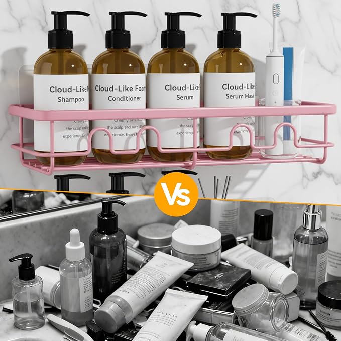 Adhesive Shower Caddy, Large Capacity Shower Racks for Inside Shower, No Drill Bathroom Shower Organizer and Storage, 2 Pack Pink Bathroom Shelves, Home Decor Rv Accessories, Apartment
