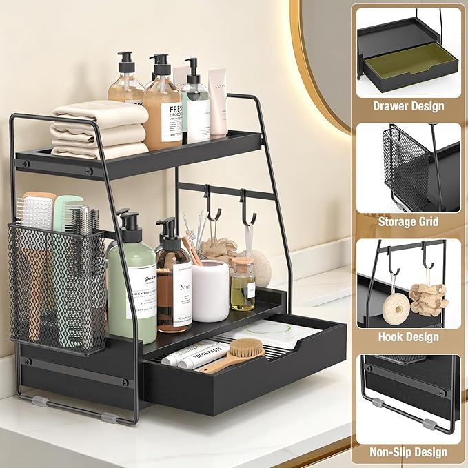 2-Tier Bathroom Counter Organizer with Drawer and Removable Basket, Wood Vanity Countertop Storage for Perfume, Makeup, Skincare, Bathroom Counter Shelf, 13" x 7.9" x 14.5", Black