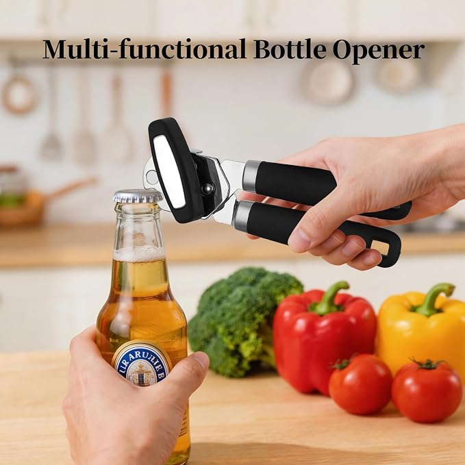Can Opener Manual, Hand Heavy Duty Stainless Steel Bottle Opener Comfortable Handle, Sharp Blade Smooth Edge, Multifunctional Kitchen Tool, Black