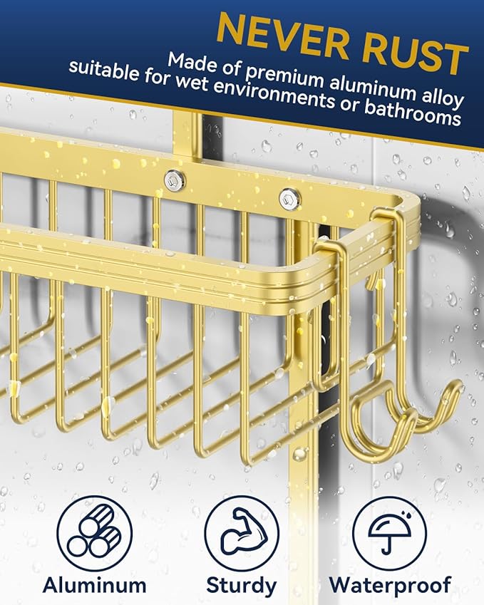 YASONIC Never Rust Shower Caddy Hanging, Aluminum Shower Racks for Inside Shower, 2-Tier Shower Organizer Hanging Over Shower Head with Hooks and Soap Holder, Gold