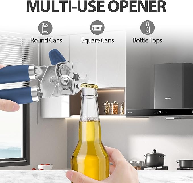 Safring Can Opener Manual, Heavy Duty Handheld Strong Can Opener with Soft Touch Handle, Sharp Blade Smooth Edge, Can Openers with Multifunctional Bottle Opener, Blue