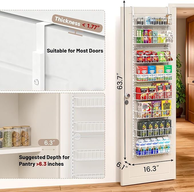 ElegantArray 8-Tier Pantry Door Oragnizer, Over The Door Pantry Organizer Rack and Storage, Hanging Spice Rack Shelves Door, Home Office Laundry Room Bathroom & Kitchen Organization, White