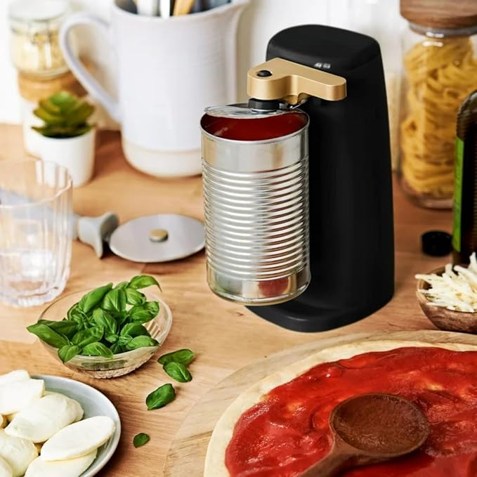 Bayfalcon LLC Electric Can Opener with One-Touch Operation, Smooth Rotation, Built-In Lid Magnet, Compact Countertop Design, Easy-Prep Kitchen Tool in White and Gold Finish (Black Sesame)