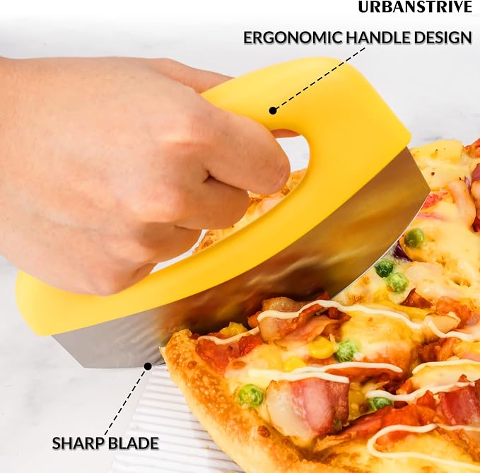 Urbanstrive Heavy Duty Stainless Steel Pizza Cutter with Cover, Super Sharp Blade Pizza Knife Pizza Cutter Rocker, Perfect Kitchen Gadgets for Pizza Cutting Home Essentials, Yellow