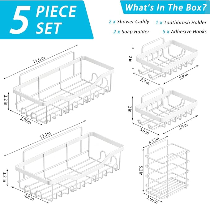 Fammart Adhesive Shower Caddy, 5-Pack Rustproof Stainless Steel Bathroom Organizer with 28 Hooks, No-Drill Large Capacity Shower Shelves for Bathroom Storage & Home Décor, White