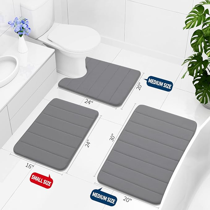 Buganda Memory Foam Bath Mat, 24" x 16", Ultra Soft and Non-Slip Bathroom Rugs, Water Absorbent and Machine Washable Bath Rug for Bathroom, Shower, and Tub, Grey