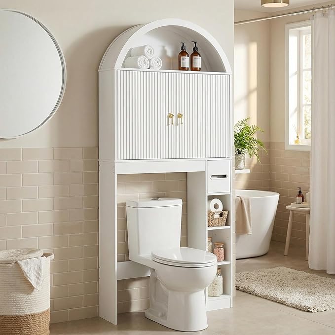 HOOBRO Over the Toilet Storage Cabinet, 67.7'' Tall Bathroom Organizer with Wave Doors, Arched Design with Adjustable Shelf, Toilet Paper Holder, Freestanding Cabinet for Narrow Space, White WT26TS01