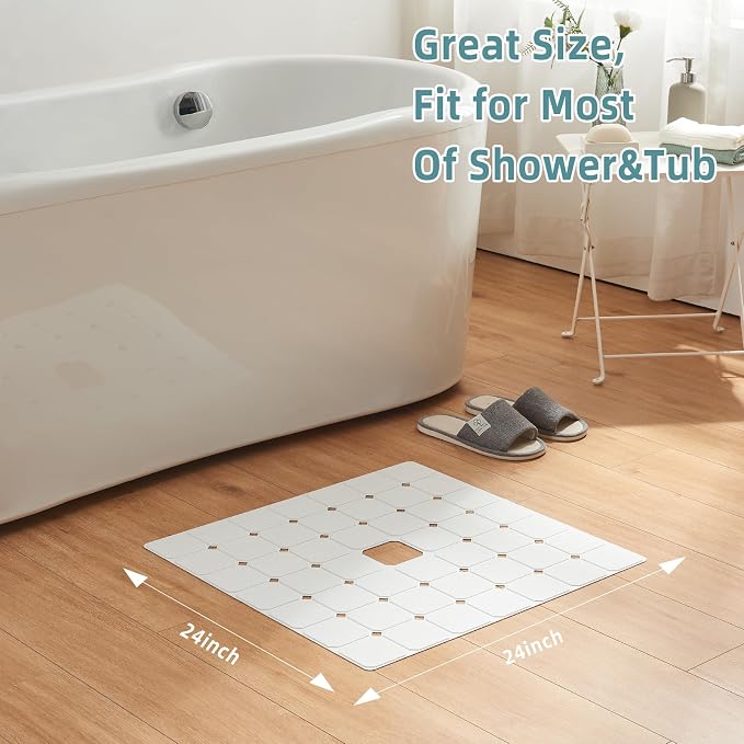 Shower Mat Non Slip Silicone Soft Odorless Bathtub Mat Non Slip No Suction Cups for Refinished,Reglazed and Textured Bath Tub Mat 24 X 24 Inch White