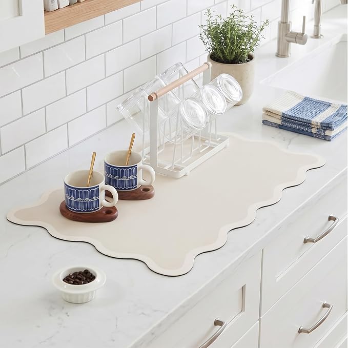Scalloped Dish Drying Mat for Kitchen Counter, Absorbent Easy Clean Non-slip Coffee Bar Station Accessories, Trendy Cute Aesthetic Modern Drainer Kitchen Drying Mat, Beige 12" x 19"