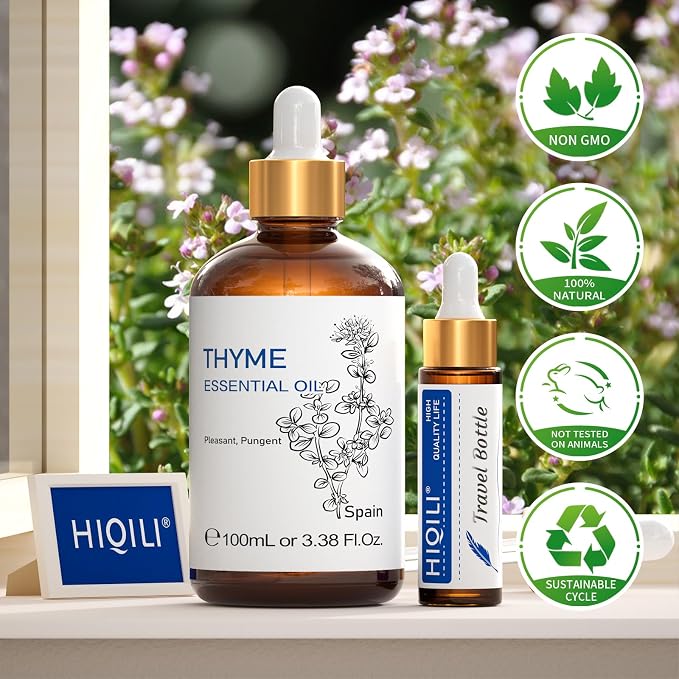 HIQILI 3.38 Fl Oz Thyme Essential Oil, 100% Pure Undiluted for Hair, Skin, Diffuser, Aromatherapy, Includes 10ML Travel Bottle - 100ML