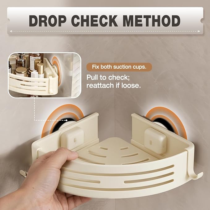 Conworld Corner Shower Caddy Suction Cups, Corner Shower Shelf, Shower Organizer Suction for Bathrooms Storage with Hooks, No-Drilling Removable (Aluminum, 2-Pack, Cream)
