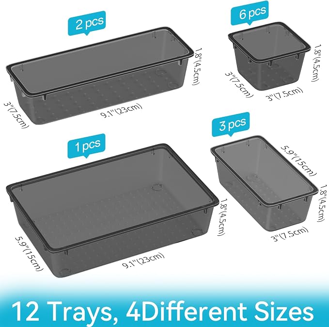 ElegantArray 12-Piece Drawer Organizer Set, 4 Sizes Versatile Plastic Vanity Organizer for Makeup, Stationery, Gadgets, in Kitchen, Bathroom, Office, and Bedroom, Black