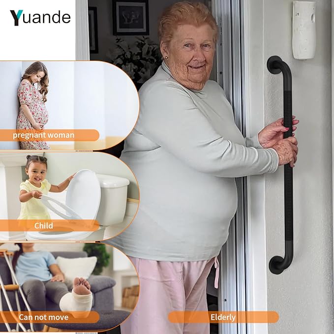 32 Inch Black Shower Grab Bar with Anti-Slip Knurled Grip,YuanDe Stainless Steel Bathroom Grab Bars，Shower Handrail Support, Handicap Elderly Balance Assist Handles