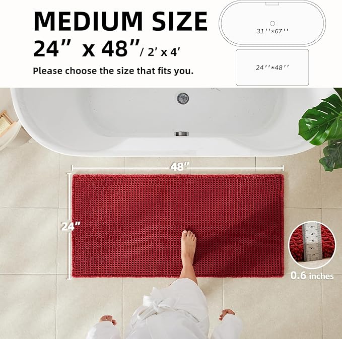 TYUU Waffle Bath Mat, Boho Bathroom Rugs Non Slip Washable Super Absorbent Quick Dry Bath Mat Farmhouse Bathroom Decor, 48"x24" Burgundy