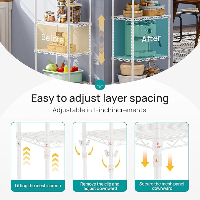 SINGAYE Shelf Wire Shelving Adjustable Storage Shelves Rack Standing Units for Kitchen Closet Laundry Bathroom Organizers Metal Pantry Narrow Mesh Gaps 14" D x 24" W x 59" H White